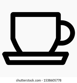 Cup and saucer icon. A cup of coffee or tea. Illustration of a cafe. Rest or eating area. Sale of drinks. Department in the store. Vector icon.