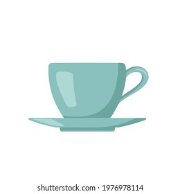 Cup and saucer icon. Kitchen utensils, tea or coffee items. Blue mug. Vector flat illustration
