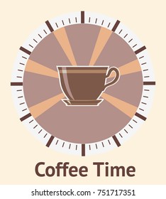A cup and saucer on the background of a stylized clock. The gaps on the clock indicate for coffee time. Vector illustration EPS-8.