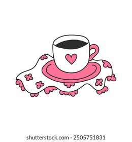 Cup with saucer on Openwork Napkin. Elegant Coffee or Tea drink on Coquette textile, decorated with flowers and ruffles. Hand drawn outline vector illustration in doodle style