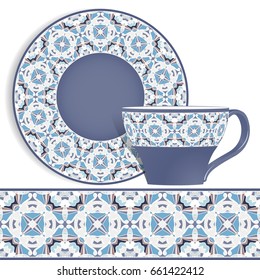 Cup and saucer with Oriental blue pattern on the edge. Vector illustration on a white background.