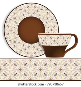 Cup and saucer with Oriental blue pattern on the edge. Vector illustration on a white background.
