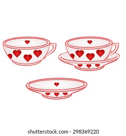 Cup with saucer with red hearts part of porcelain vector illustration 