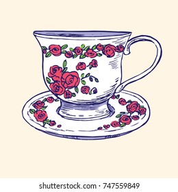 Cup and saucer with red roses and leaves ornament, hand drawn doodle, simple sketch in pop art style, vector color illustration