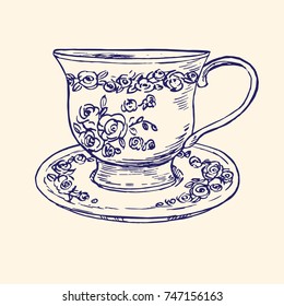 Cup and saucer with roses and leaves ornament,  hand drawn doodle, simple sketch in pop art style, vector black and white illustration