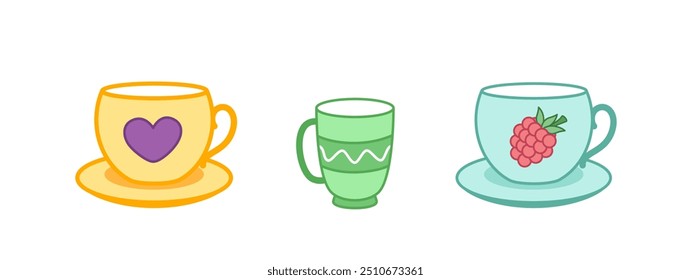 Cup and saucer. Set of cartoon cups. Cartoon, Isolated vector illustration eps 10