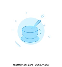 Cup, saucer and spoon vector icon. Kitchen utensil. Flat illustration. Filled line style. Blue monochrome design. Editable stroke. Adjust line weight.