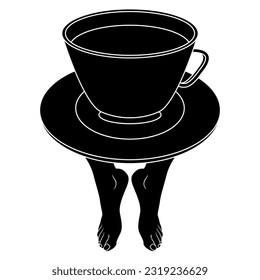 Cup with a saucer standing on tiptoes oh bare human feet. Funny beverage design. Black and white silhouette.