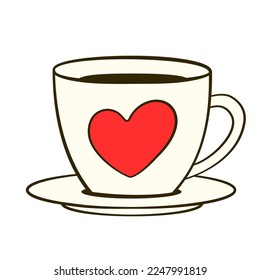 Cup with saucer. Valentine's day. Cartoon flat icon. Vector illustration