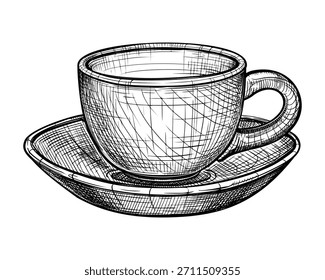 Xícara e pires. Ilustração desenhada à mão do vetor da xícara para o chá ou o café no estilo gravado. Utensílios de cozinha domésticos de cerâmica, vidro e porcelana. Esboço preto e branco isolado no fundo branco