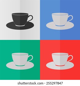 Cup and saucer vector icon. Effect of folded paper. Colored (red, blue, green) illustrations. Flat design