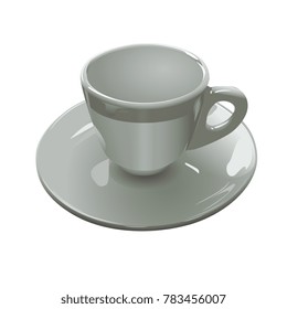 Cup and saucer. White cup with gray border on white background