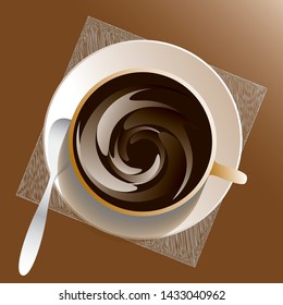 Cup and sauser with coffee,  napkin and spoon from top view