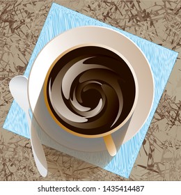 Cup and sauser with coffee,  napkin and spoon from top view