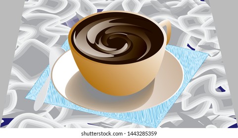 Cup and sauser with coffee,  napkin and spoon from top view