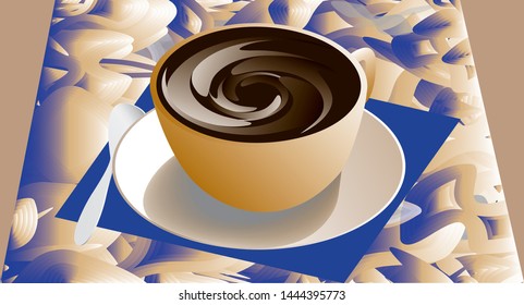 Cup and sauser with coffee,  napkin and spoon from top view