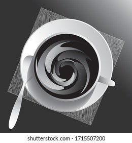 Cup and sauser with coffee,  napkin and spoon from top view. Dark gray image