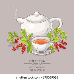 cup of schisandra tea and teapot on color background