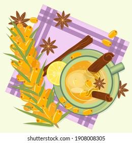 A cup of sea buckthorn tea with a bunch of berries, star anise, lemon and cinnamon sticks. Composition with a drink on a linen napkin, top view. Vector illustration in the flat style.