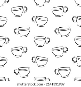 Cup seamless pattern doodle outline vector. Texture for background, menu, booklet, label, print, packaging, merchandise, book, poster, fabric, wrapping, storefront, textile.