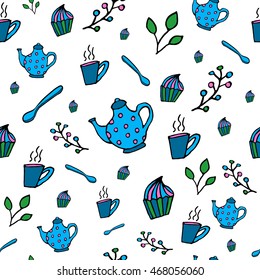 Cup seamless pattern with food and floral objects, tea time background