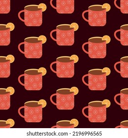 cup seamless pattern. red mug with tea and lemon. christmas pattern vector