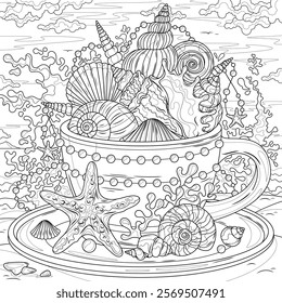 A cup with seashells by the sea.Coloring book antistress for children and adults. Illustration isolated on white background.Zen-tangle style. Hand draw