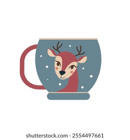 A cup secorated of picture with nice fawn head and snow isolated on a white background.