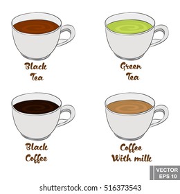 Cup. Set cartoon. Black and green tea. And black coffee with milk. Hot refreshing drinks.