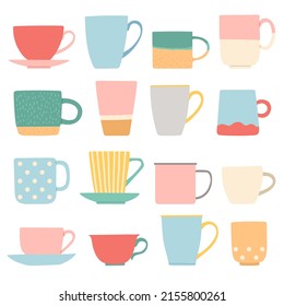 Cup set flat design vector illustration, different shape colorful cups