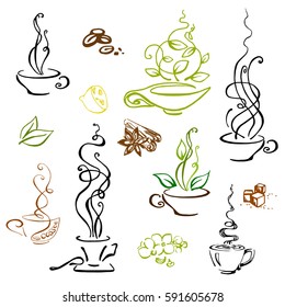 Cup set hot coffee and tea drink hand drawn graphics