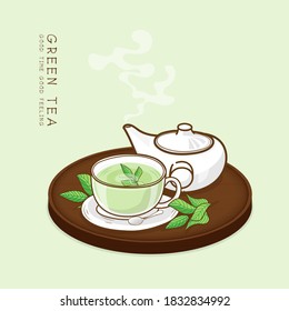 Cup of set hot herbal green tea. Vector illustration.