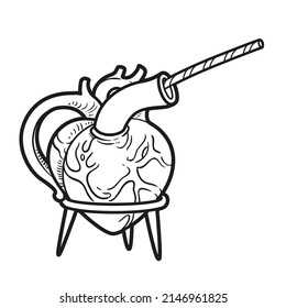 Cup in the shape of a heart with a striped straw and on a stand outlined for coloring page on white background