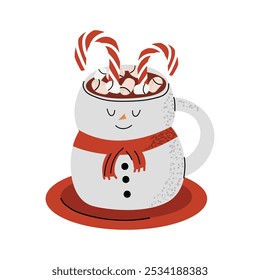Cup in the shape of a snowman. Cute winter cup with coffee and marshmallow. Vector illustration in flat style. White isolated background.