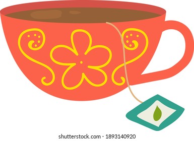 Cup sheet tea icon with delicious england drink, mug bag label, concept flat vector illustration, isolated on white. Painted glass red service, asian tearoom green leafy drink brew tea.