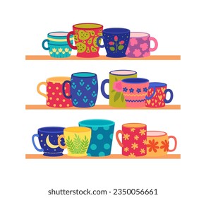 Cup shelves. Different containers for liquid products shelves in kitchen. vector set