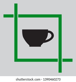 Cup sign. Black icon inside green crop tool at light gray background