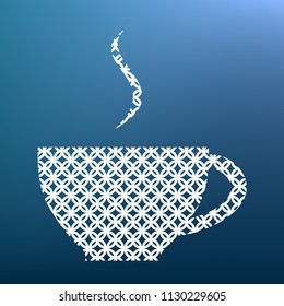 Cup sign with one small stream of smoke. Vector. White textured icon at lapis lazuli gradient background.