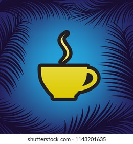 Cup sign with one small stream of smoke. Vector. Golden icon with black contour at blue background with branches of palm trees.