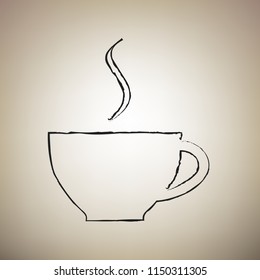 Cup sign with one small stream of smoke. Vector. Brush drawed black icon at light brown background.