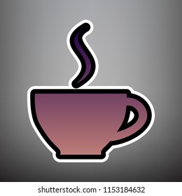 Cup sign with one small stream of smoke. Vector. Violet gradient icon with black and white linear edges at gray background.
