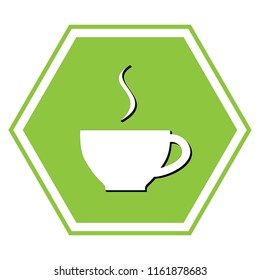 Cup sign with one small stream of smoke. Vector. White icon with black shadow at yellow green honeycomb on white background.