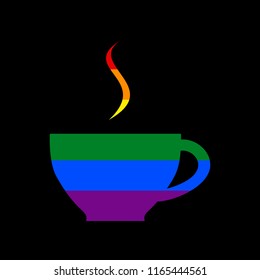 Cup sign with one small stream of smoke. Vector. Icon with colors of LGBT flag at black background.