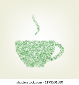 Cup sign with one small stream of smoke. Vector. Green hexagon rastered icon and noised opacity and size at light green background with central light.