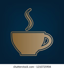 Cup sign with one small stream of smoke. Vector. Golden icon and border at dark cyan background.