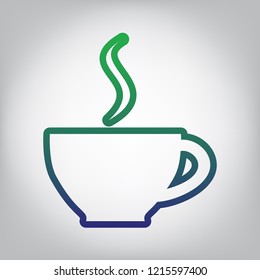 Cup sign with one small stream of smoke. Vector. Green to blue gradient contour icon at grayish background with light in center.