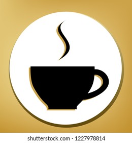 Cup sign with one small stream of smoke. Vector. Black icon with light brown shadow in white circle with shaped ring at golden background.
