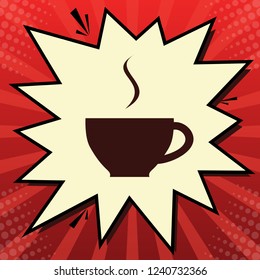 Cup sign with one small stream of smoke. Vector. Dark red icon in lemon chiffon shutter bubble at red popart background with rays.