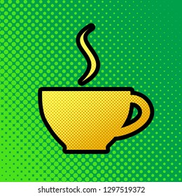 Cup sign with one small stream of smoke. Vector. Pop art orange to yellow dots-gradient icon with black contour at greenish background.
