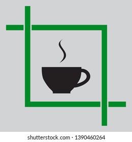 Cup sign with one small stream of smoke. Black icon inside green crop tool at light gray background